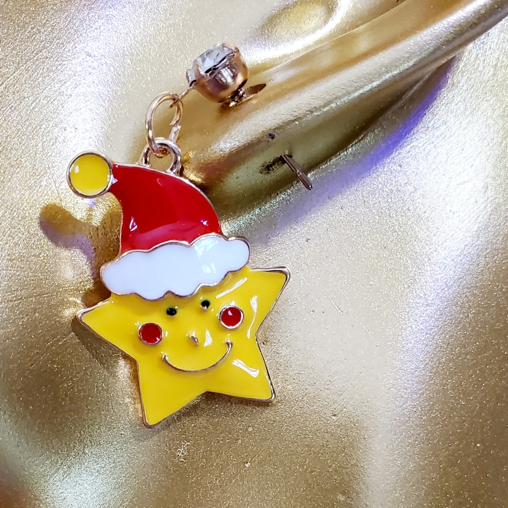 Gold plated crystal yellow red and white Christmas Santa Hat star earrings - Picture 4 of 12